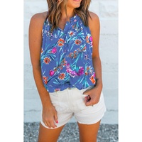 Sky Blue Floral Print Buttoned Neckline Tank Top - L thumbnail