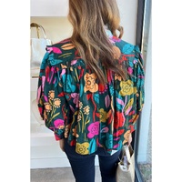 Green Floral Knot Split Neck Puff Sleeve Blouse - L thumbnail