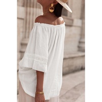 White Frilly Off Shoulder Lace Insert Sleeve Textured Blouse - XL thumbnail