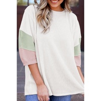 White Color Block Ribbed Knit Quarter Sleeve Top - M thumbnail