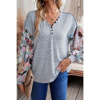 Gray Floral Lantern Sleeve Patchwork Buttoned V Neck Top - S thumbnail
