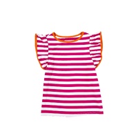 Rose Red Striped Ruffle Sleeve Crew Neck Blouse - S thumbnail