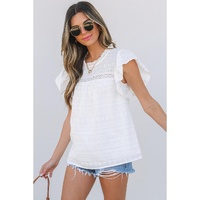 White Lace Neckline Flutter Sleeve Eyelets Blouse - L thumbnail
