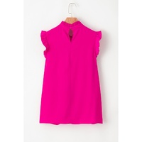 Bright Pink Pleated Mock Neck Frilled Trim Sleeveless Top - L thumbnail