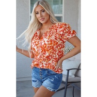 Orange Floral Print Ruffled Short Puff Sleeve Split Neck Blouse - 2XL thumbnail