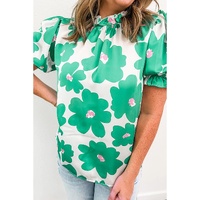Green Floral Puff Sleeve Frill Neckline Blouse - L thumbnail