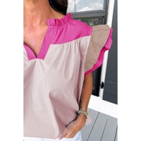 Pink Colorblock Ruffled Sleeve Frill V Neck Blouse - M thumbnail