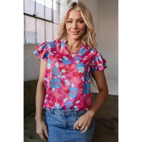 Rose Red Ruffled Sleeve Floral Blouse - L thumbnail