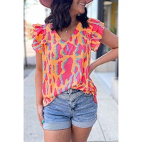 Orange Abstract Print V Neck Ruffled Sleeve Blouse - L thumbnail