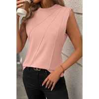 Light Pink Crew Neck Pleated Tank Top - L thumbnail
