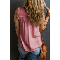 Pink Button Split Neck Ruffled Trim Tank Top - XL thumbnail