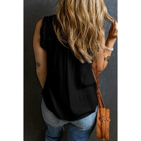 Black Button Split Neck Ruffled Trim Tank Top - XL thumbnail