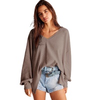 Coffee Waffle V Neck Long Sleeve Drop Shoulder Loose Blouse - 2XL thumbnail