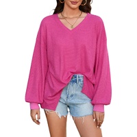Bright Pink Waffle V Neck Long Sleeve Drop Shoulder Loose Blouse - L thumbnail