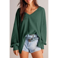 Blackish Green Waffle V Neck Long Sleeve Drop Shoulder Loose Blouse - M thumbnail