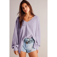 Orchid Petal Waffle V Neck Long Sleeve Drop Shoulder Loose Blouse - L thumbnail