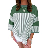 Mist Green Striped Patchwork 3/4 Sleeve Oversize Top - S thumbnail