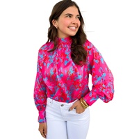 Purple Printed Bubble Sleeve Mock Neck Blouse - L thumbnail