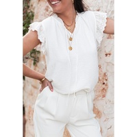 White Embroidered Ruffle Trim Textured Blouse - S thumbnail