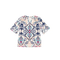 White Abstract Printed Notched V Neck Split Half Sleeve Blouse - L thumbnail