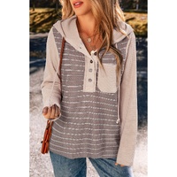 Gray Textured Knit Colorblock Striped Henley Hooded Top - S thumbnail