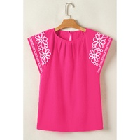 Sachet Pink Floral Embroidered Flutter Sleeve Pleated Neck Blouse - M thumbnail