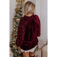 Red Dahlia Sequin Patchwork Sleeve Button Up Velvet Top - L thumbnail