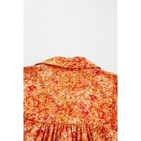 Orange Abstract Print Collared V Neck Babydoll Blouse - M thumbnail