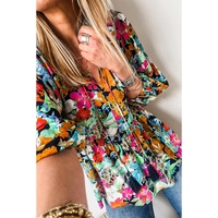 Multicolour Floral Print Bubble Sleeve V Neck Ruffled Blouse - M thumbnail