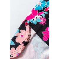 Pink Floral V Neck Roll Tab Sleeve Blouse - L thumbnail