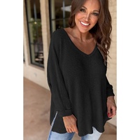 Black Waffle Knit Side Slits Loose Fit V Neck Top - S thumbnail