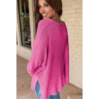 Rose Red Waffle Knit Side Slits Loose Fit V Neck Top - S thumbnail