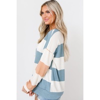 Light Blue Colorblock Striped Drop Shoulder Long Sleeve Top - L thumbnail