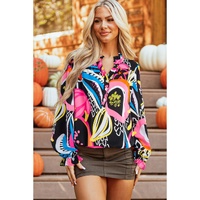 Black Abstract Print Ruffled Sleeve Buttoned V Neck Blouse - M thumbnail