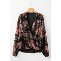 Black Floral Print Criss Cross V Neck Balloon Sleeve Blouse - L thumbnail