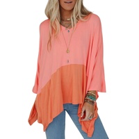 Grapefruit Orange Contrast Color Patchwork Oversized Side Split Top - L thumbnail