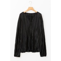 Black Textured Bubble Sleeve V Neck Loose Blouse - L thumbnail