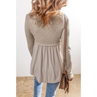 Smoke Gray Textured Long Sleeve V Neck Babydoll Top - S thumbnail