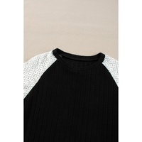 Black Floral Patchwork Long Sleeve Ribbed Blouse - S thumbnail