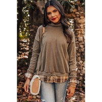 Breen Plaid Patchwork Knotted Hem High Neck Blouse - M thumbnail