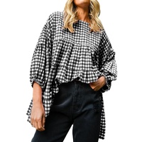 Black Checkered Puff Sleeve Tiered Loose Babydoll Blouse - M thumbnail