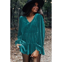Sea Green Velvet V Neck Peplum Hem Puff Sleeve Blouse - L thumbnail