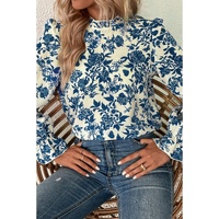 Sky Blue Floral Print Flounce Sleeve Keyhole Back Blouse - S thumbnail