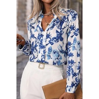 Sky Blue Floral Print Notched Neck Elegant Blouse - L thumbnail