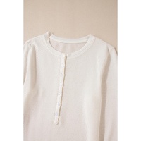 White Solid Color Waffle Half Button Long Sleeve Top - L thumbnail