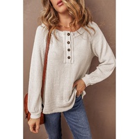 Oatmeal Waffle Knit Buttoned Front Raglan Sleeve Loose Blouse - L thumbnail