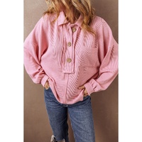 Pink Ribbed Knit Collared Henley Top with Chest Pocket - S thumbnail