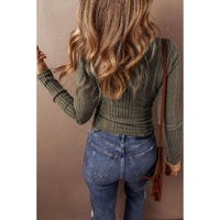 Jungle Green Ribbed Knit Half Button Slim Fit Blouse - L thumbnail