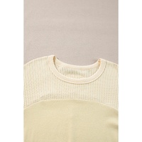 Beige Thermal Knit Patchwork Exposed Seam Long Sleeve Top - M thumbnail