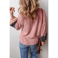 Dusty Pink Floral Patchwork Textured Knit Drawstring V Neck Blouse - L thumbnail